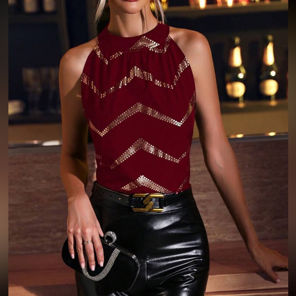 Boho gold chevron print tie back halter top
